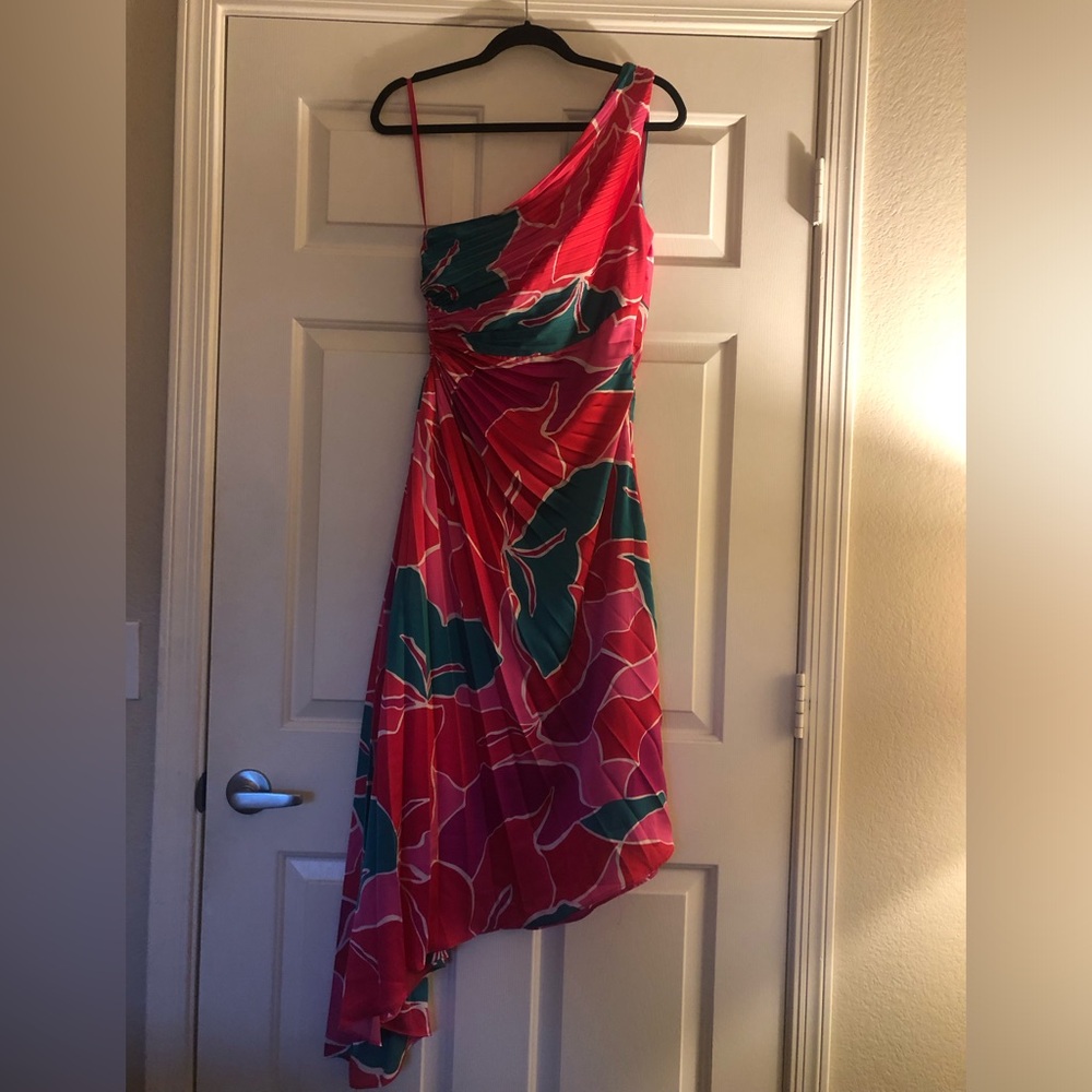 She + Sky Asymmetrical Red and Green One Shoulder Sundress